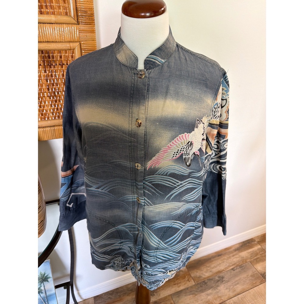 Citron Santa Monica Vintage Y2K Crane Wave Print Mandarin Collar Shirt L Blue
